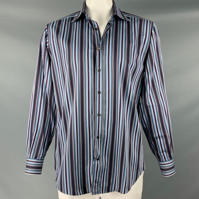 ETRO Size L Blue Purple Stripe Cotton Button Up Long Sleeve Shirt