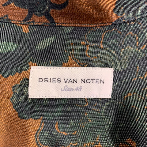 DRIES VAN NOTEN Size S Navy Tan Floral Camp Short Sleeve Shirt