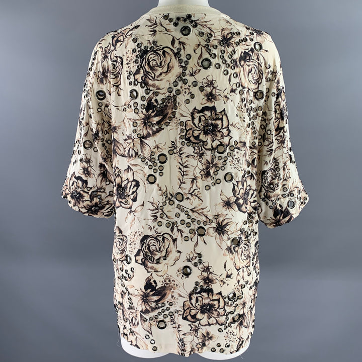 PHILLIP LIM Size 6 Cream Silk Floral Grommet T-Shirt