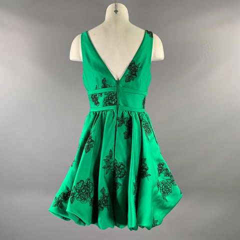 MARCHESA Size 2 Green Black Polyester Floral Bubble Hem Knee-Length Dress