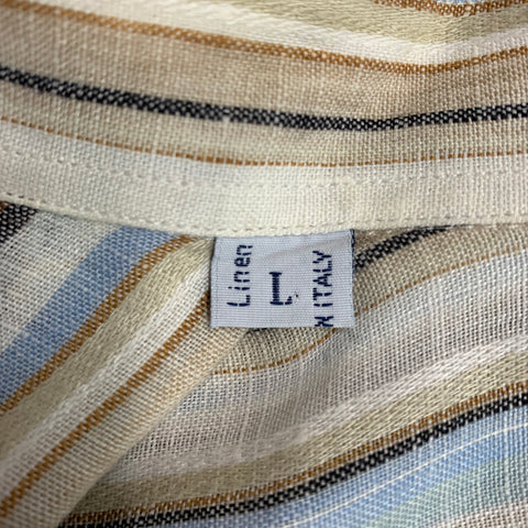 BRIONI Size L Beige Multi Color Stripe Linen Button Up Long Sleeve Shirt