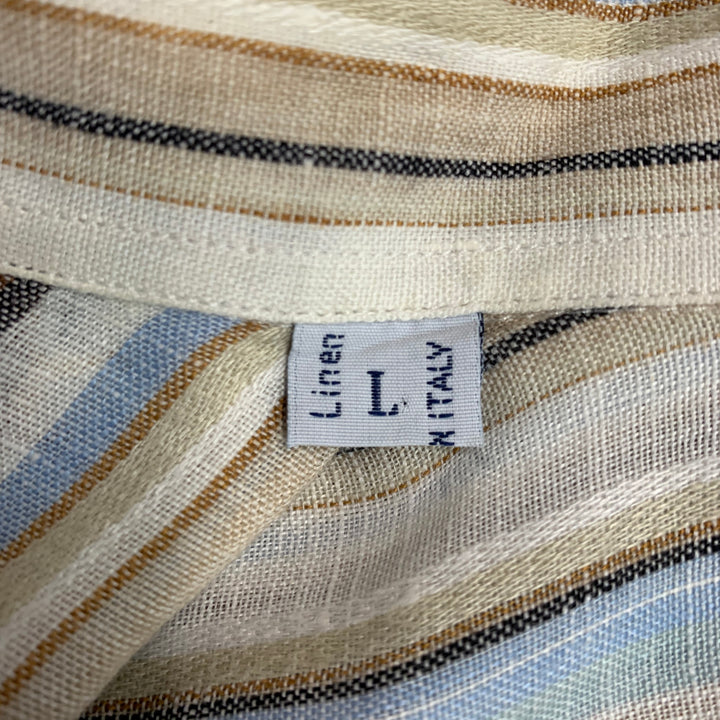 BRIONI Talla L Camisa de manga larga con botones de lino a rayas multicolor beige
