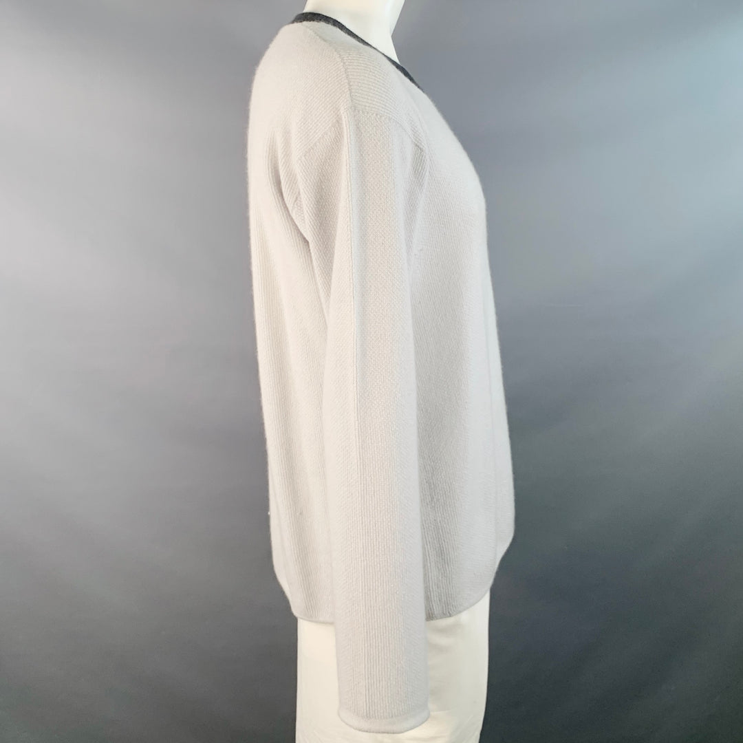 GIORGIO ARMANI Size XL Grey Contrast Trim Cashmere Silk V-Neck Sweater