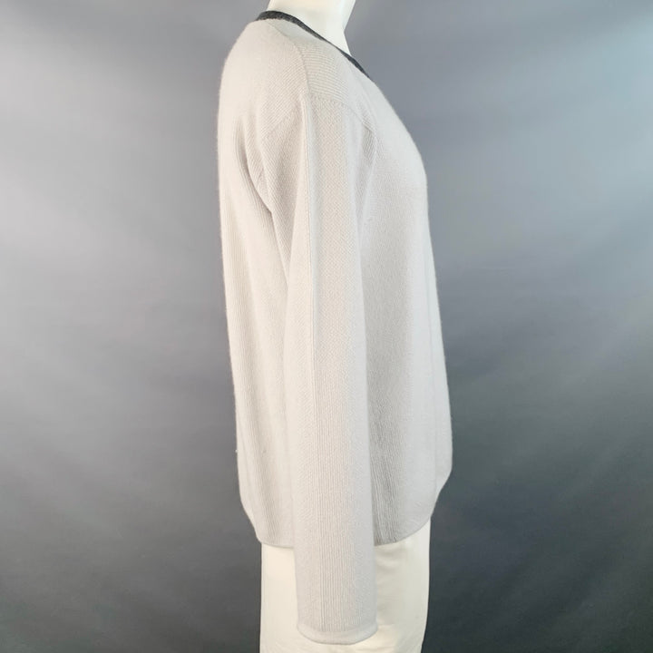 GIORGIO ARMANI Size XL Grey Contrast Trim Cashmere Silk V-Neck Sweater