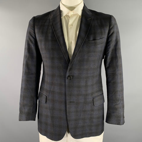 GUCCI Size 42 Grey Blue Ombre Plaid Wool Blend Peak Lapel Sport Coat