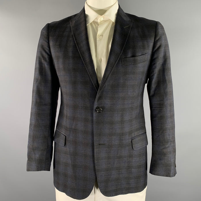 GUCCI Size 42 Grey Blue Ombre Plaid Wool Blend Peak Lapel Sport Coat