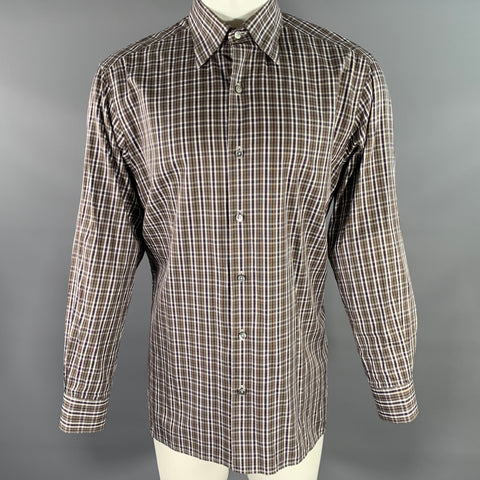 ERMENEGILDO ZEGNA Size L Brown Black White Plaid Cotton Long Sleeve Shirt