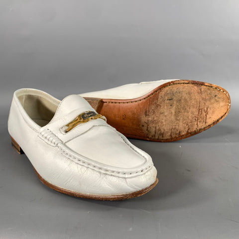 SALVATORE FERRAGAMO Size 9.5 White Gold Crackled Leather Penny Loafers