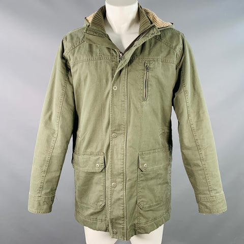 PRANA Size M Green Olive Hooded Faux Shearling Zip Snaps Coat