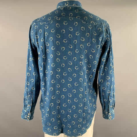 RRL by RALPH LAUREN Size XL Blue Cream Horseshoe Print Cotton Linen Overshirt
