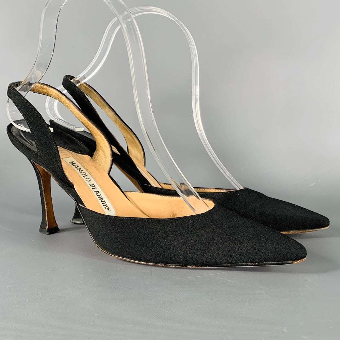 MANOLO BLAHNIK Size 7.5 Black Fabric Slingback Pumps