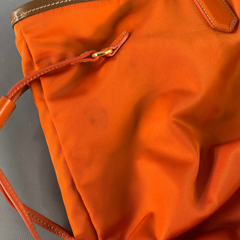 PRADA Orange Gold Saffiano Nylon Leather Trim Tote Handbag
