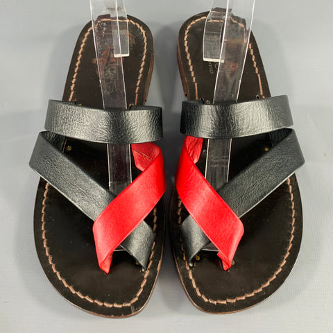 PRELUDIO Size 12 Black Red Leather Strappy Sandals