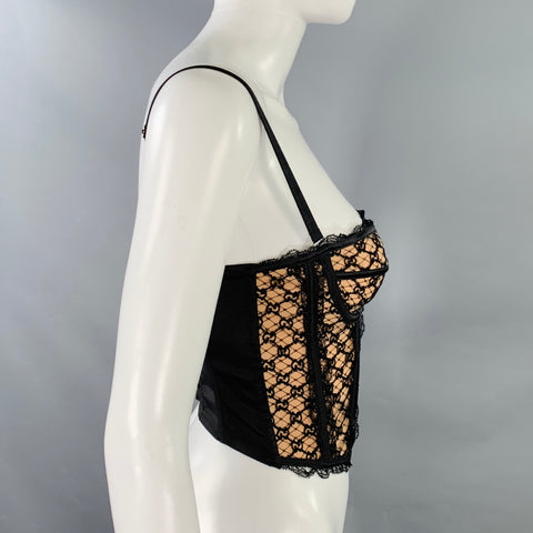 GUCCI Size XS Black Nude Cotton Blend Monogram Bustier Dress Top