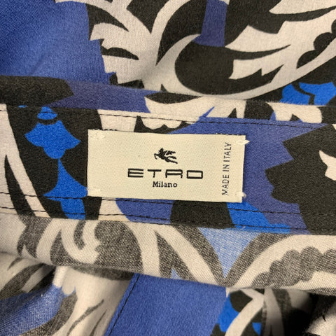 ETRO Size M Blue Black White Abstract Floral Cotton Blend Long Sleeve Shirt
