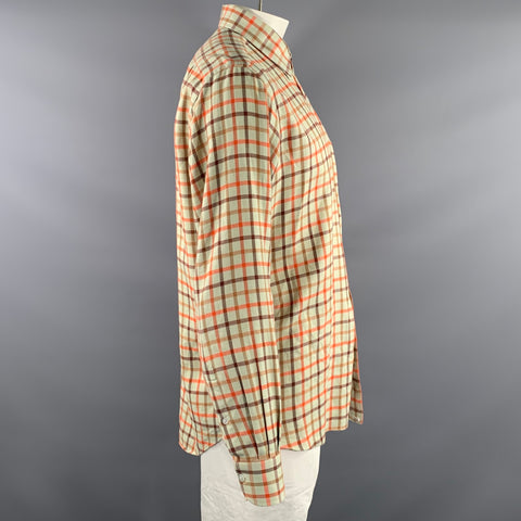 FRAY Size XL Green Orange & Brown Plaid Cotton Pointed Collar Long Sleeve Shirt