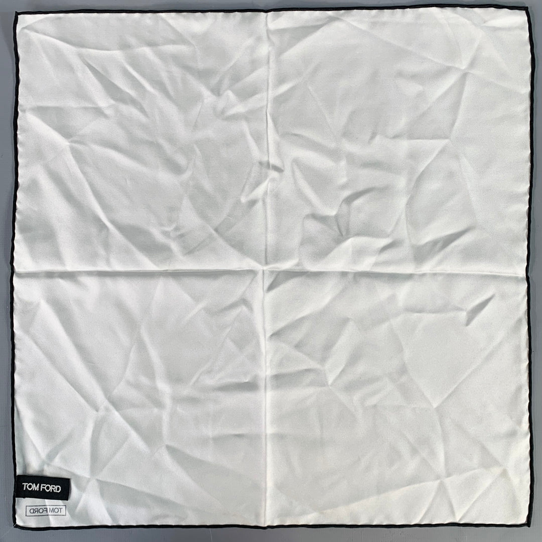 TOM FORD White Black Logo Silk Pocket Square