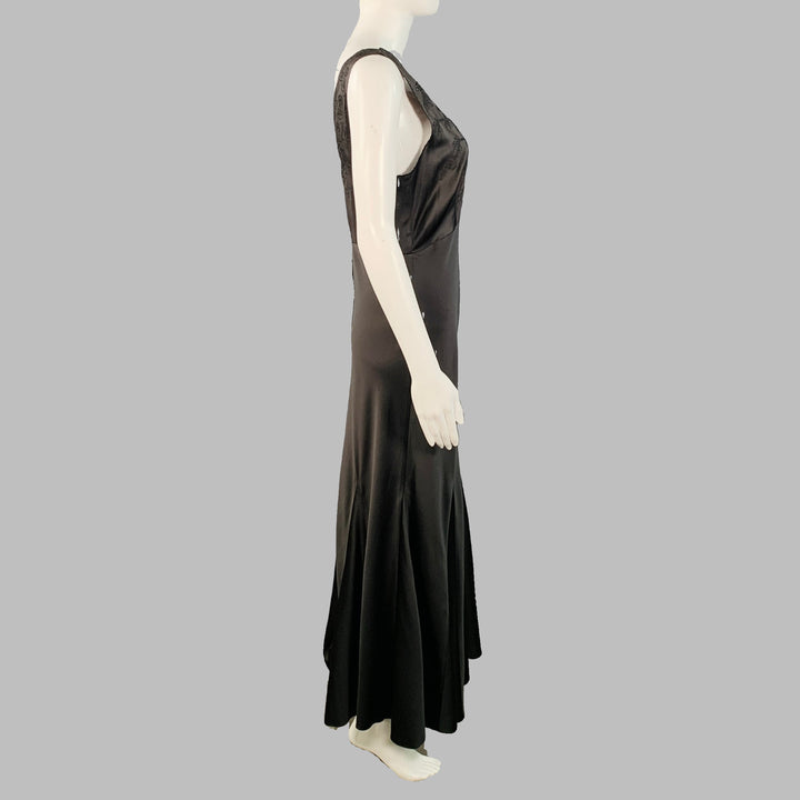 HUNTER BELL Size 4 Black Satin Eyelet Long Sleeveless V-Neck Slip Evening Gown