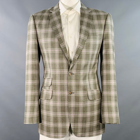 MARZONI Size 42 Green Cream Purple Plaid Single Breasted Notch Lapel Sport Coat