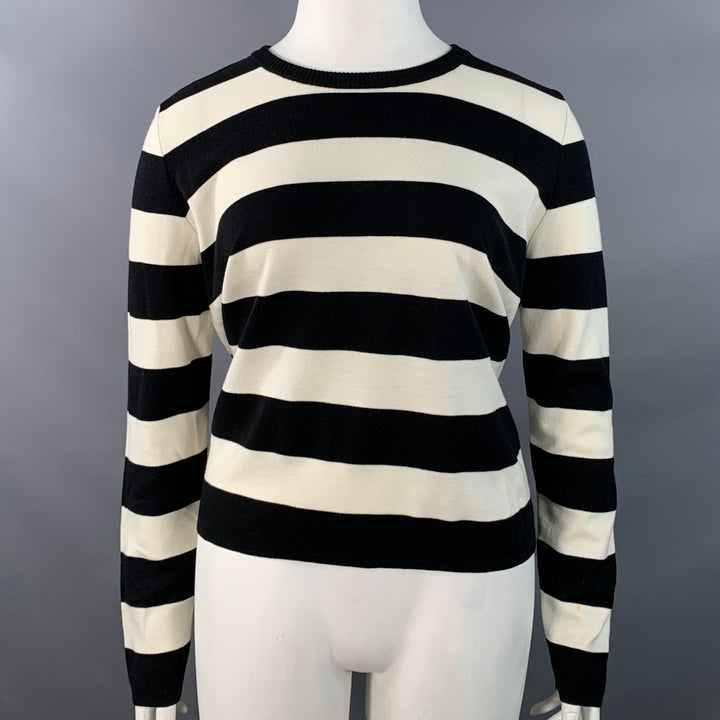 MAX MARA Size L White Black Virgin Wool Stripe Crew Neck Pullover