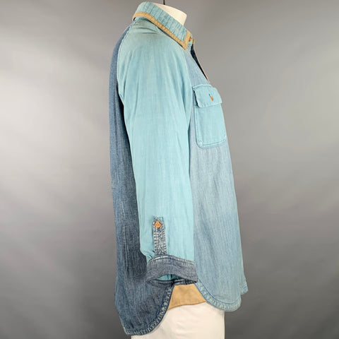 WHITE MOUNTAINEERING Size L Light Blue Color Block Cotton Long Sleeve Shirt