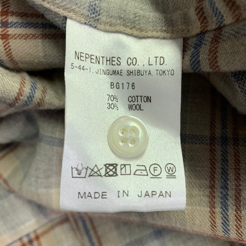 NEEDLES Size XL Grey Navy Brown Plaid Wool Nehru Collar Long Sleeve Shirt