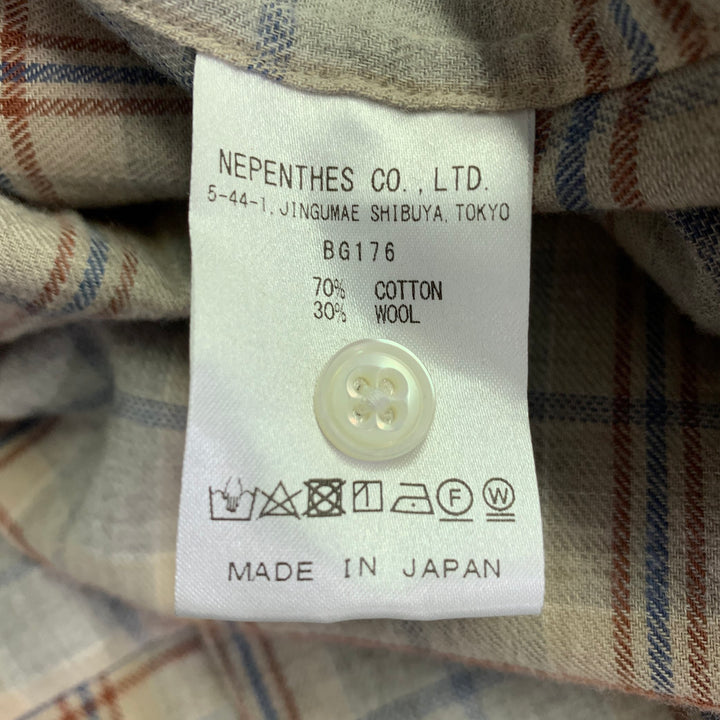 NEEDLES Size XL Grey Navy Brown Plaid Wool Nehru Collar Long Sleeve Shirt