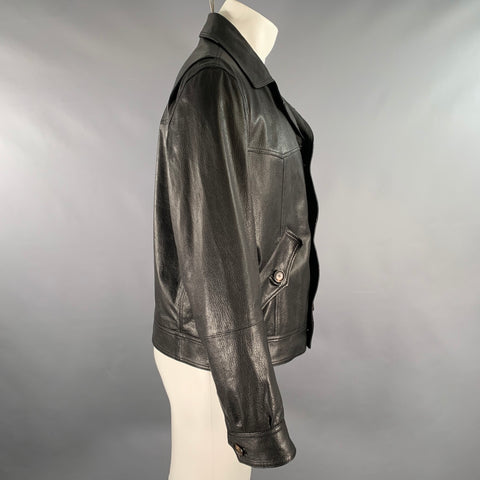 BRUNELLO CUCINELLI Blouson camionneur en cuir craquelé noir Taille M