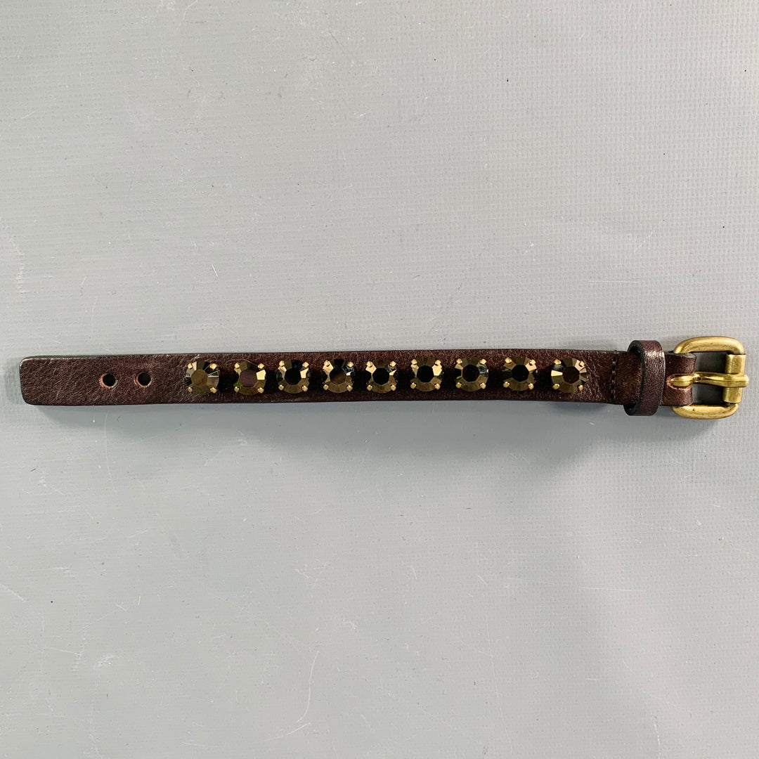 RONALD PINEAU Brown Gold Rhinestones Leather Buckle Bracelet