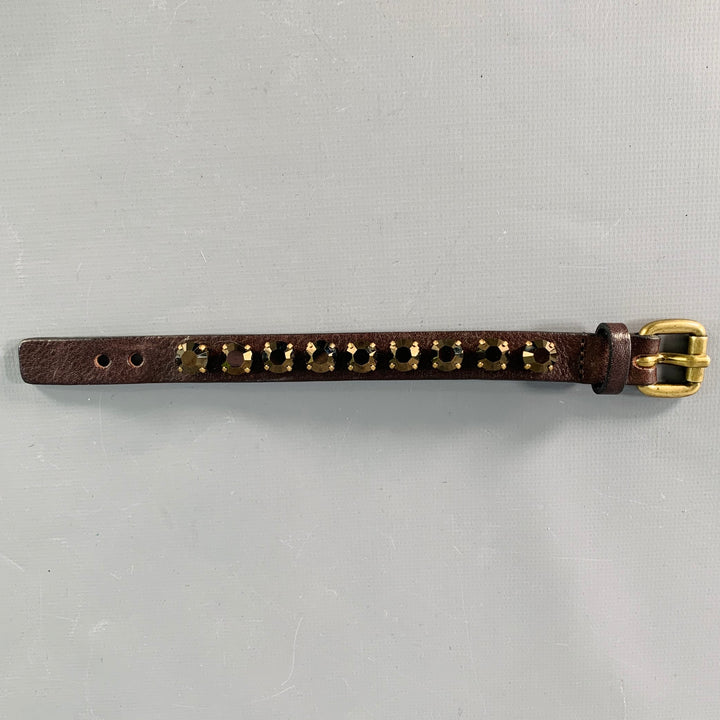 RONALD PINEAU Brown Gold Rhinestones Leather Buckle Bracelet