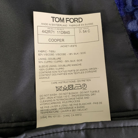 TOM FORD Chest Size 44 Blue Navy Floral Silk Viscose Peak Lapel Sport Coat