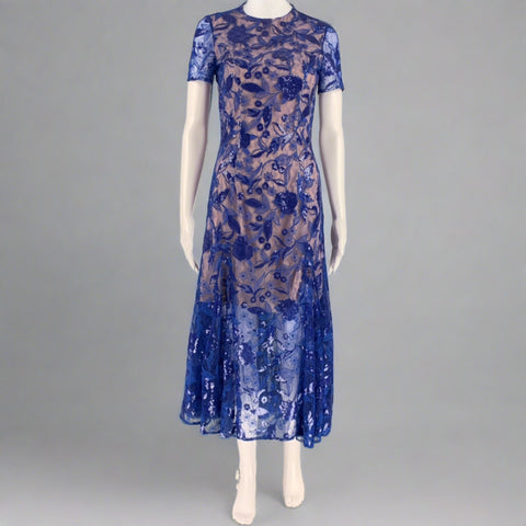 COSTARELLOS Size 4 Blue Nude Polyester Blend Floral Sequined Midi Cocktail Dress
