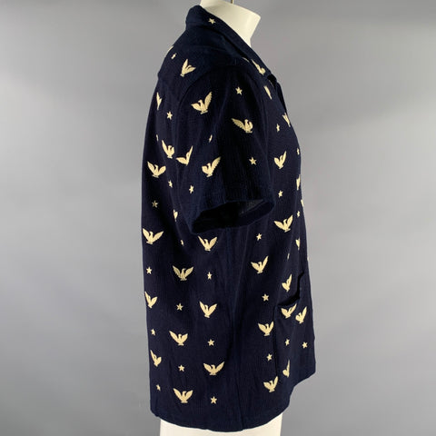 RRL by RALPH LAUREN Size XL Navy Cream Animal Print Cotton Short Sleeve Shirt