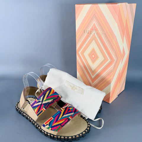 VALENTINO Size 9 Tan Multi Color Embroidery Leather Straps Sandals
