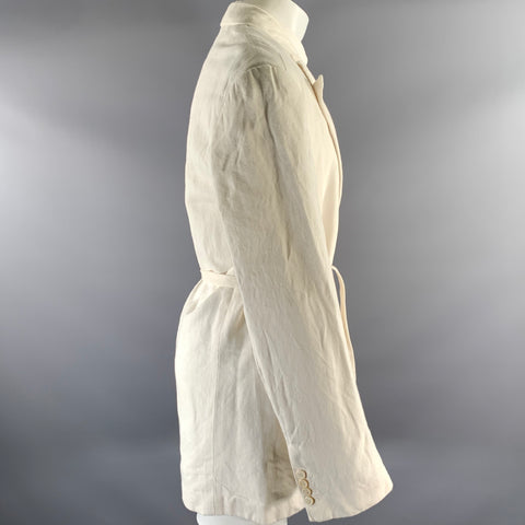DRIES VAN NOTEN Size M Ivory Twill Linen Cotton Belted Double Breasted Blazer