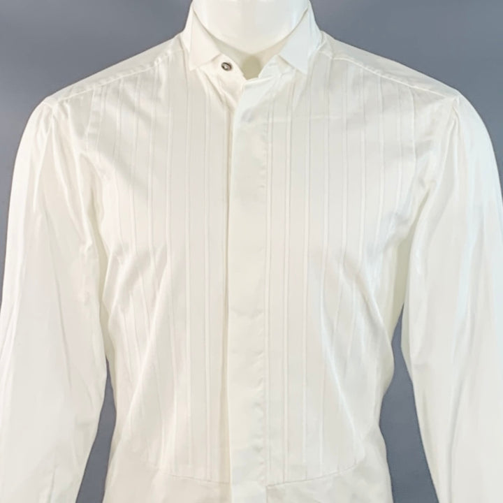 KITON Size S White Pleated Cotton Wingtip French Cuff Tuxedo Long Sleeve Shirt