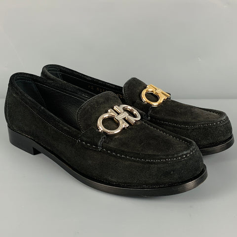 SALVATORE FERRAGAMO Talla 6.5 Mocasines planos de ante negro plateado dorado
