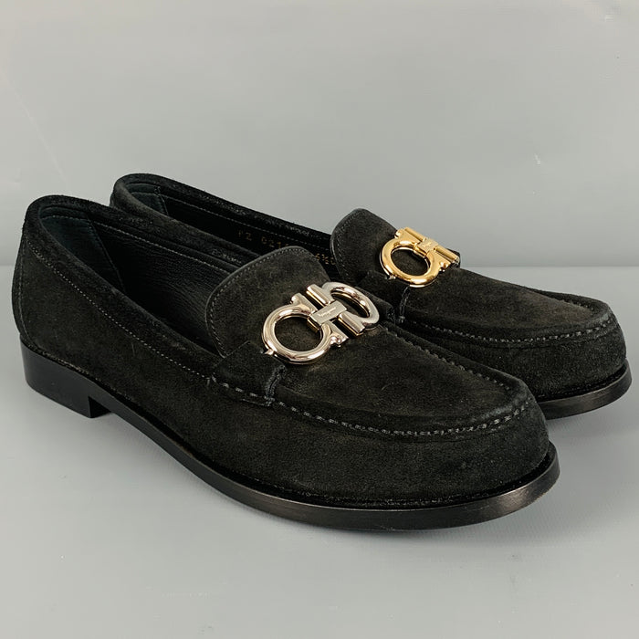 SALVATORE FERRAGAMO Size 6.5 Black Silver Gold Suede Loafer Flats