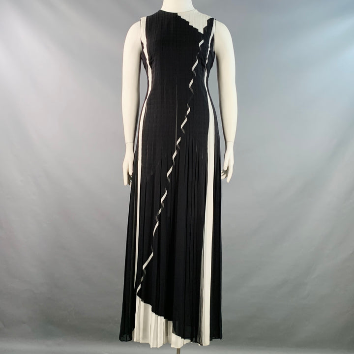 AKRIS Size L Black White Viscose Pleated Sleeveless Long Evening Gown