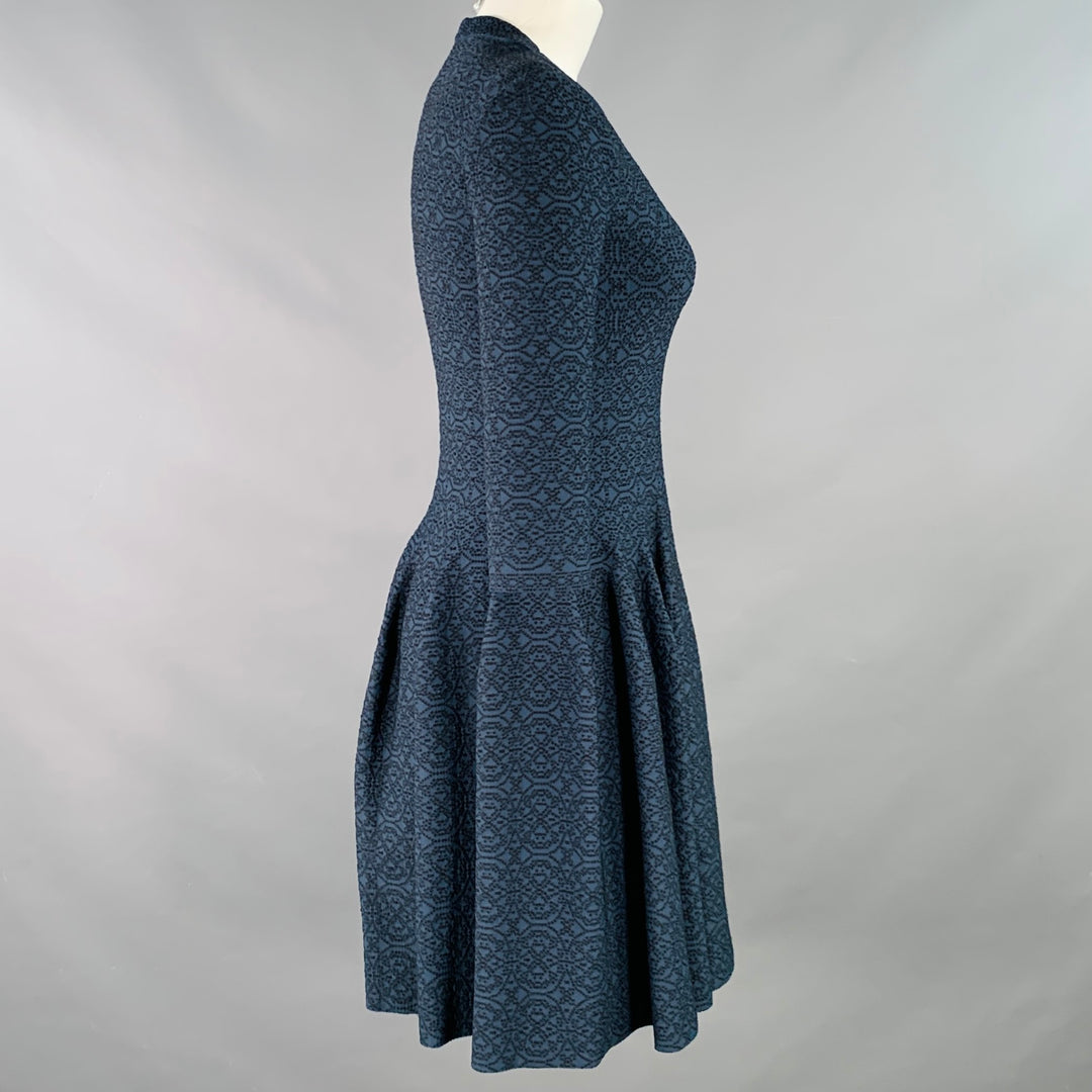 ALAIA Size 6 Navy Black Textured Geometric Viscose Blend Bell Skirt 3/4 Sleeve Dress