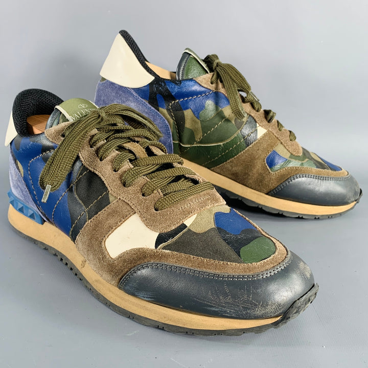 VALENTINO Size 9.5 Blue Taupe Color Block Leather Rubber Sole Sneakers