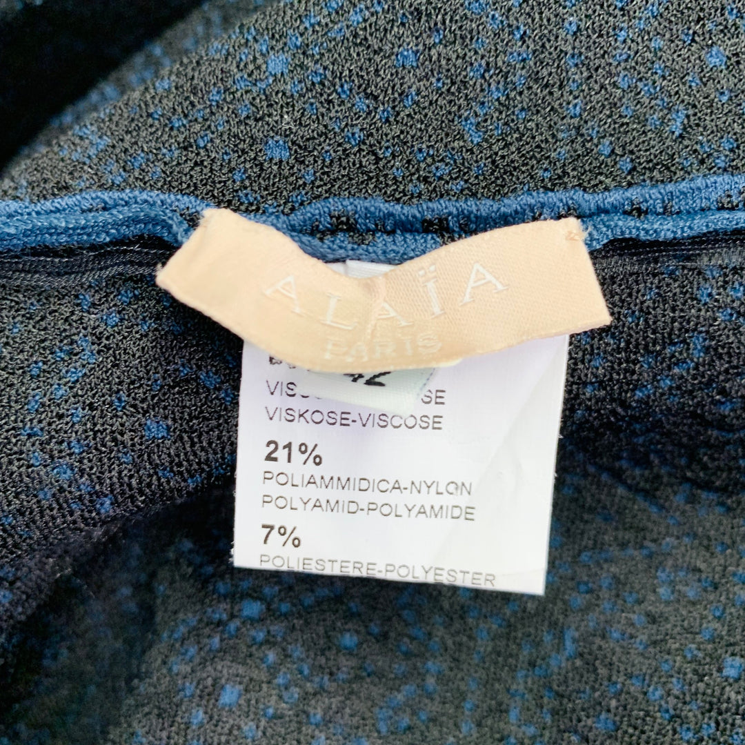 ALAIA Size 6 Navy Black Textured Geometric Viscose Blend Bell Skirt 3/4 Sleeve Dress