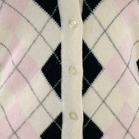 PRINGLE Size S Cream Pink Black Cashmere Argyle V-Neck Cardigan