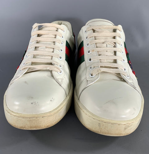 GUCCI Size 11.5 White Green & Red Applique Leather Lace Up Sneakers