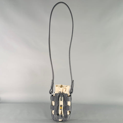 MICHU Grey Cream Woven Leather Cotton Crossbody Drawstring Handbag