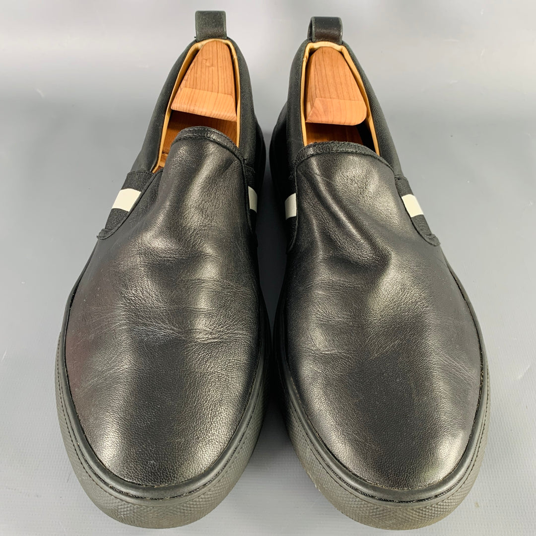 BALLY Size 9.5 Black White Stripe Leather Slip On Loafers