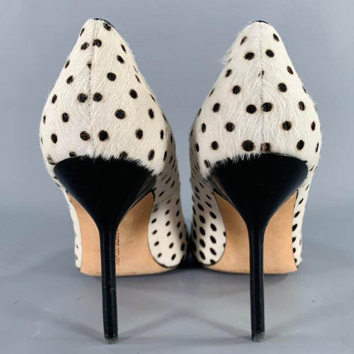 MANOLO BLAHNIK Size 7.5 White Black Dots Pony Hair Stiletto Pumps