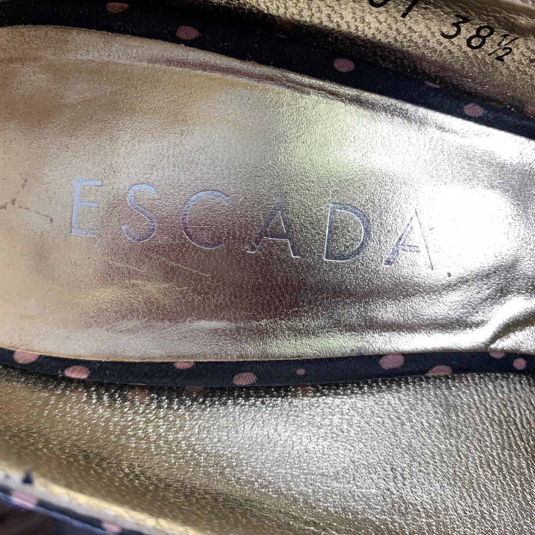ESCADA Size 8.5 Navy Pink Silk Polka Dot Leather Trim Open Toe Pumps