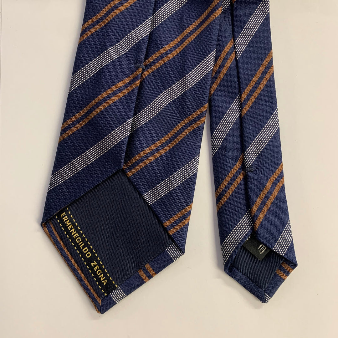 ERMENEGILDO ZEGNA Navy Brown Grey Diagonal Stripe Silk Tie