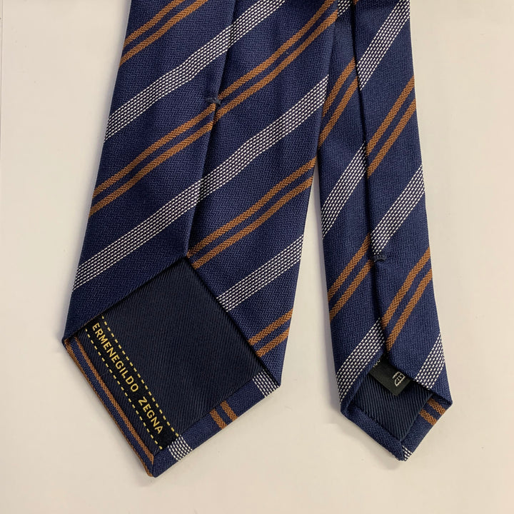 ERMENEGILDO ZEGNA Navy Brown Grey Diagonal Stripe Silk Tie